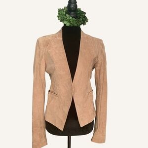 BLANKNYC Suede Leather Tan Brown Open Front Collarless Blazer Jacket SZ S